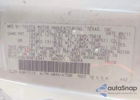 2011 Toyota Tacoma Prerunner V6 z USA, uszkodzony, nr VIN 5TFTU4GN1BX012341